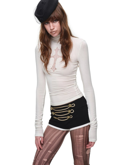 Cross Lace Rhinestone High Neck Slim Knit Base Layer【s0000018651】