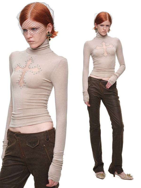 Cross Lace Rhinestone High Neck Slim Knit Base Layer【s0000018651】
