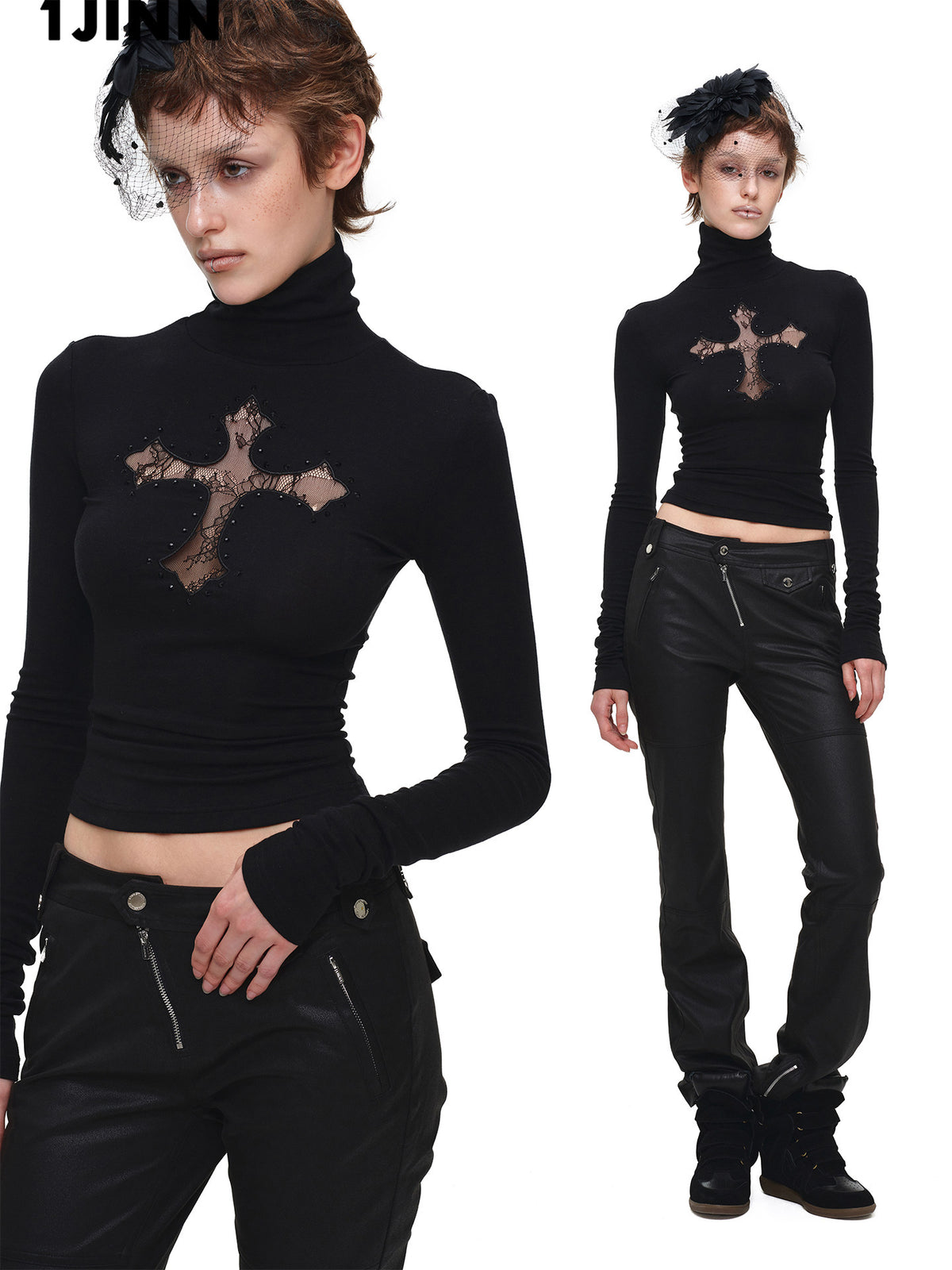Cross Lace Rhinestone High Neck Slim Knit Base Layer【s0000018651】
