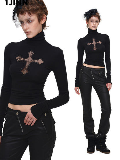 Cross Lace Rhinestone High Neck Slim Knit Base Layer【s0000018651】