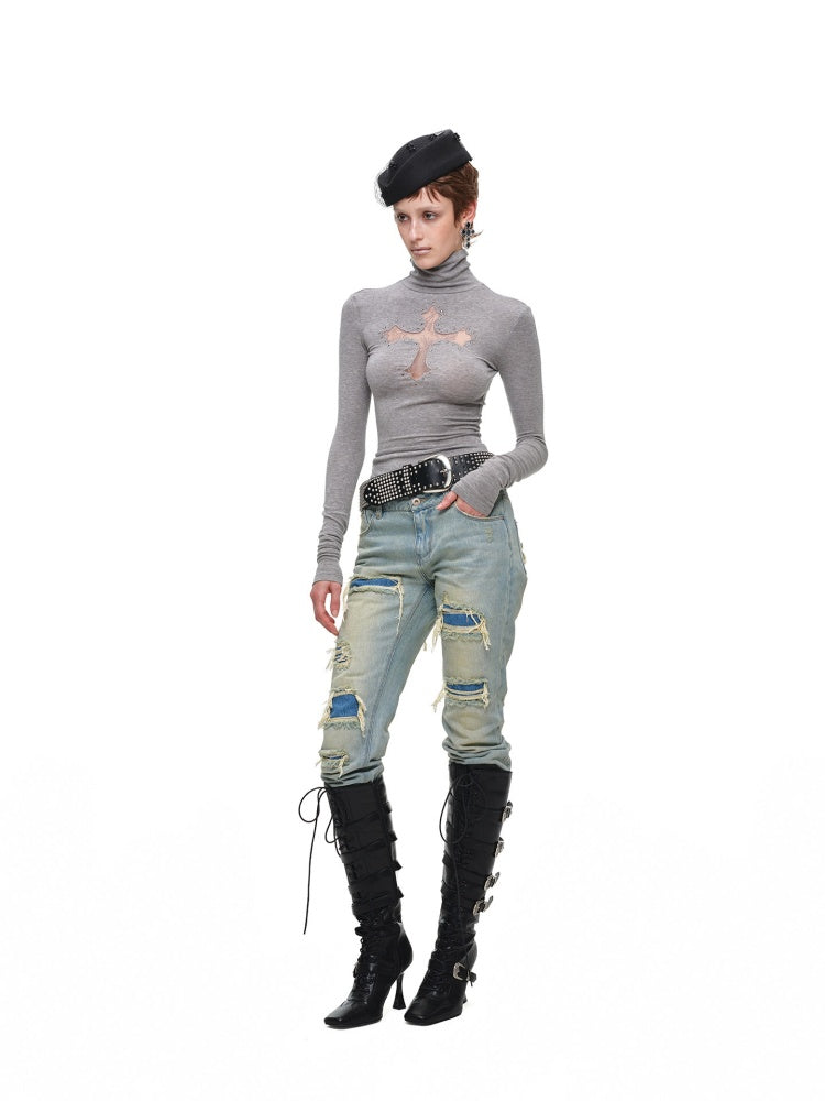 Cross Lace Rhinestone High Neck Slim Knit Base Layer【s0000018651】