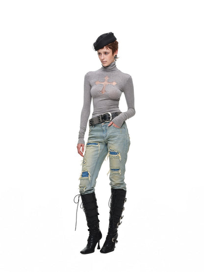 Cross Lace Rhinestone High Neck Slim Knit Base Layer【s0000018651】
