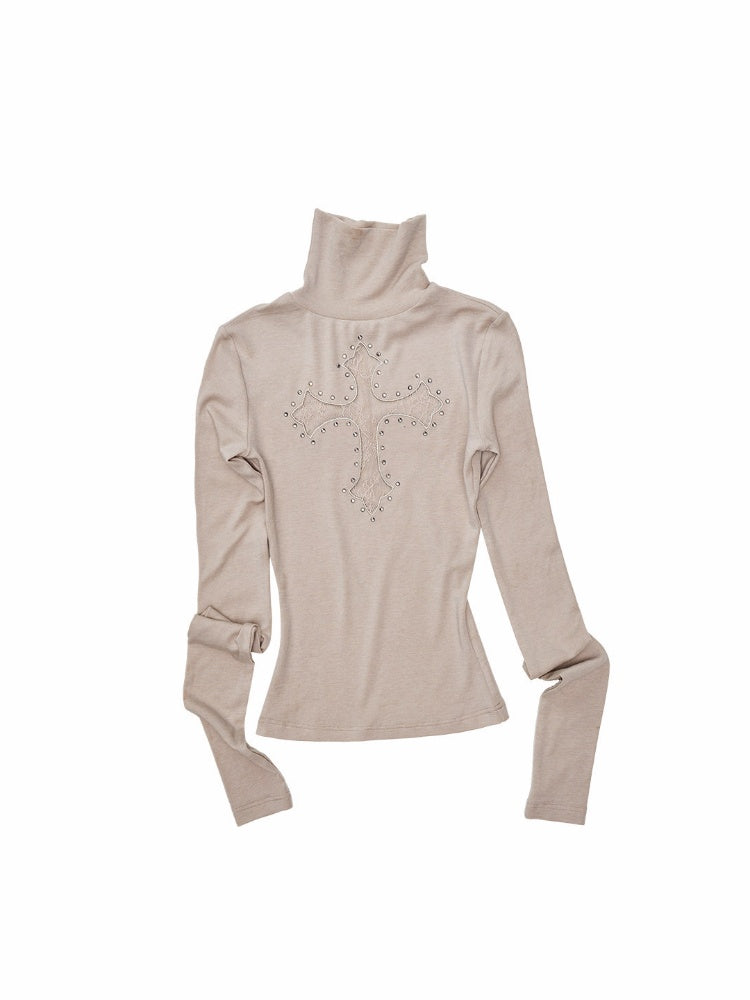 Cross Lace Rhinestone High Neck Slim Knit Base Layer【s0000018651】
