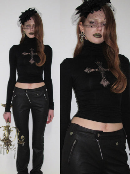 Cross Lace Rhinestone High Neck Slim Knit Base Layer【s0000018651】
