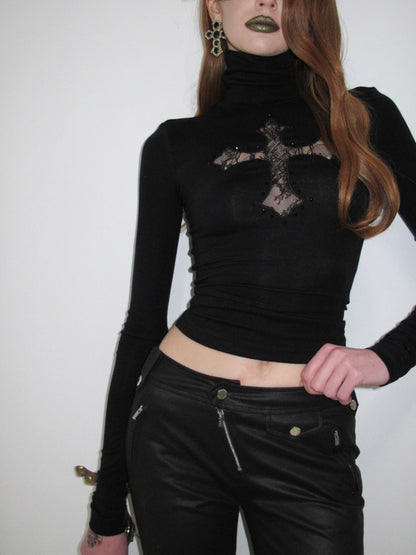 Cross Lace Rhinestone High Neck Slim Knit Base Layer【s0000018651】