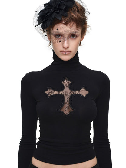 Cross Lace Rhinestone High Neck Slim Knit Base Layer【s0000018651】