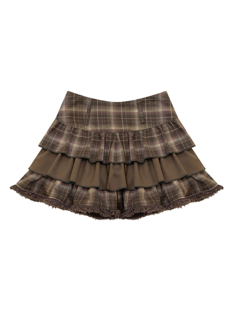 Vintage High-Waisted Slimming Brown Plaid Multi-Layer Ruffled Cake Short Skirt【s0000018743】