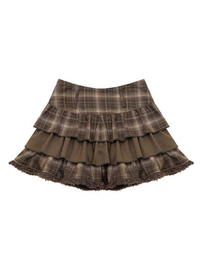 Vintage High-Waisted Slimming Brown Plaid Multi-Layer Ruffled Cake Short Skirt【s0000018743】
