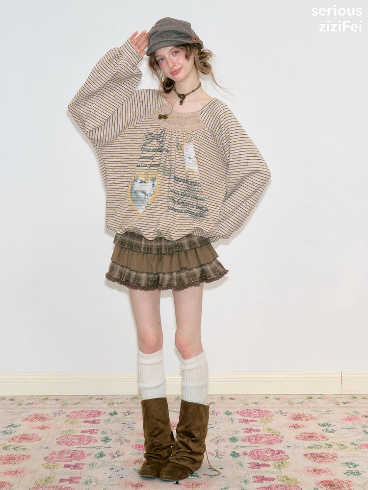 Vintage High-Waisted Slimming Brown Plaid Multi-Layer Ruffled Cake Short Skirt【s0000018743】
