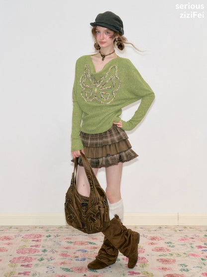 Vintage High-Waisted Slimming Brown Plaid Multi-Layer Ruffled Cake Short Skirt【s0000018743】