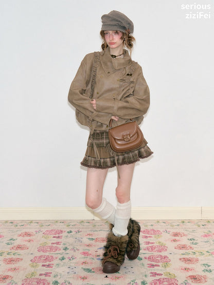 Vintage High-Waisted Slimming Brown Plaid Multi-Layer Ruffled Cake Short Skirt【s0000018743】