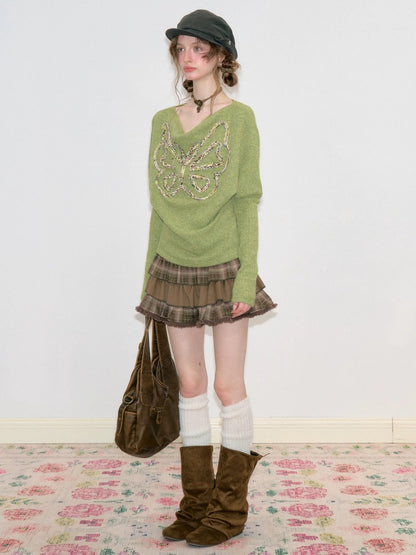 Vintage High-Waisted Slimming Brown Plaid Multi-Layer Ruffled Cake Short Skirt【s0000018743】