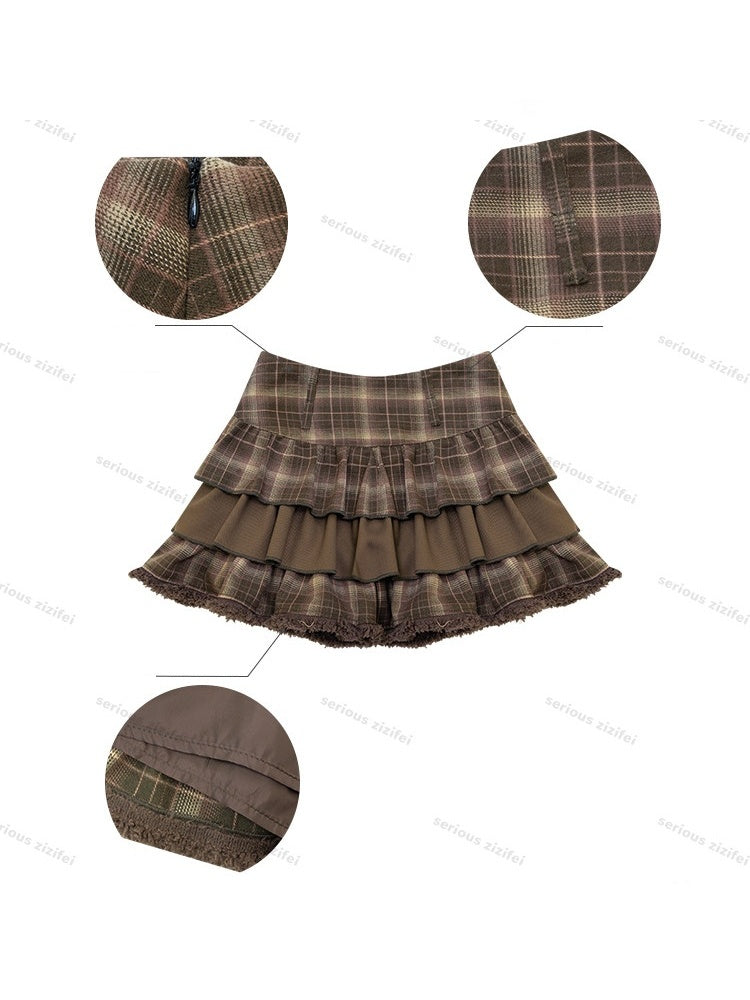 Vintage High-Waisted Slimming Brown Plaid Multi-Layer Ruffled Cake Short Skirt【s0000018743】