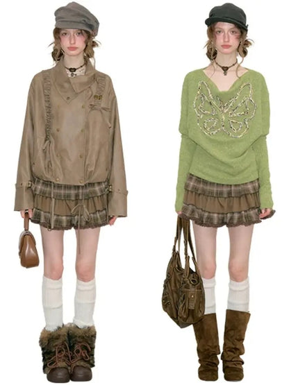 Vintage High-Waisted Slimming Brown Plaid Multi-Layer Ruffled Cake Short Skirt【s0000018743】