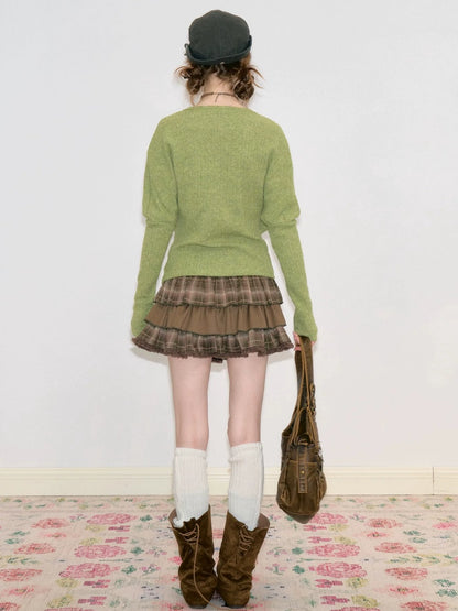 Vintage High-Waisted Slimming Brown Plaid Multi-Layer Ruffled Cake Short Skirt【s0000018743】