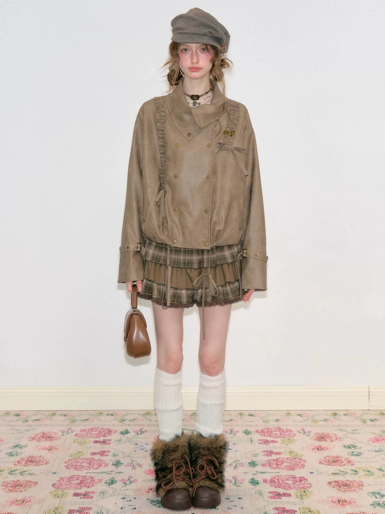 Vintage High-Waisted Slimming Brown Plaid Multi-Layer Ruffled Cake Short Skirt【s0000018743】