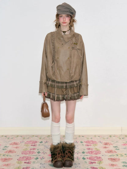 Vintage High-Waisted Slimming Brown Plaid Multi-Layer Ruffled Cake Short Skirt【s0000018743】