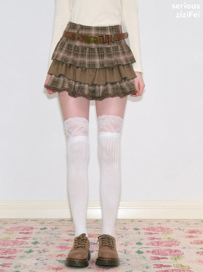 Vintage High-Waisted Slimming Brown Plaid Multi-Layer Ruffled Cake Short Skirt【s0000018743】