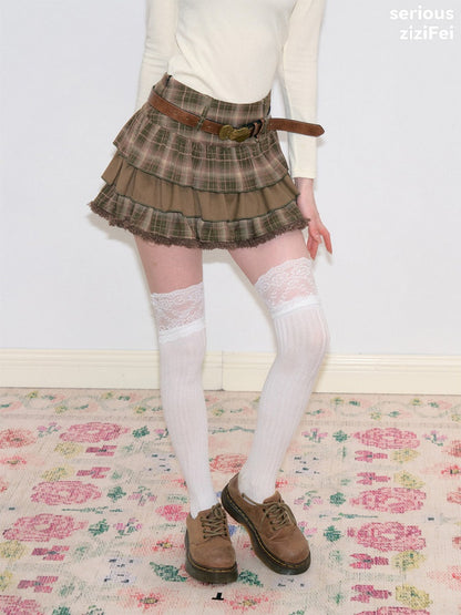 Vintage High-Waisted Slimming Brown Plaid Multi-Layer Ruffled Cake Short Skirt【s0000018743】