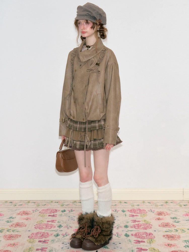 Vintage High-Waisted Slimming Brown Plaid Multi-Layer Ruffled Cake Short Skirt【s0000018743】