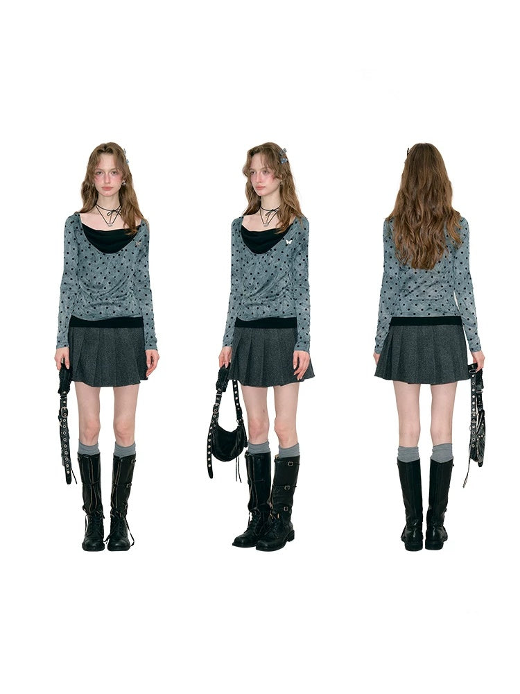 Vintage Wave-Collar Gray Polka Dot Slim Long-Sleeve Knit T-Shirt【s0000018744】