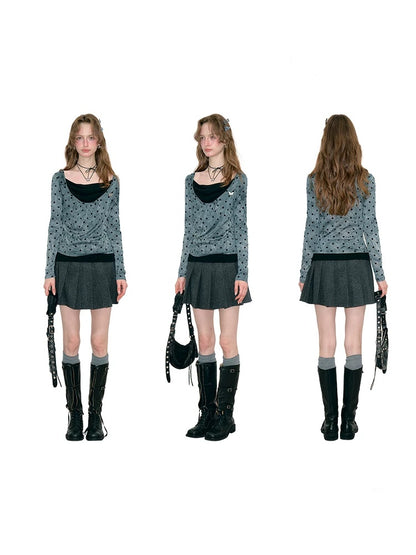 Vintage Wave-Collar Gray Polka Dot Slim Long-Sleeve Knit T-Shirt【s0000018744】
