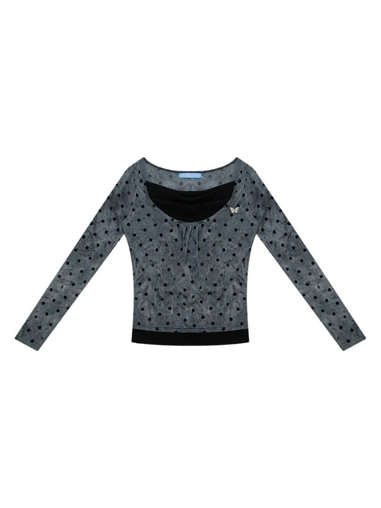 Vintage Wave-Collar Gray Polka Dot Slim Long-Sleeve Knit T-Shirt【s0000018744】