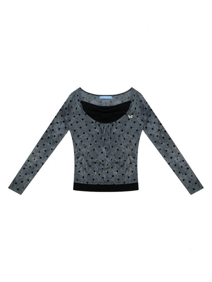 Vintage Wave-Collar Gray Polka Dot Slim Long-Sleeve Knit T-Shirt【s0000018744】