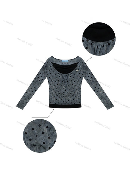 Vintage Wave-Collar Gray Polka Dot Slim Long-Sleeve Knit T-Shirt【s0000018744】