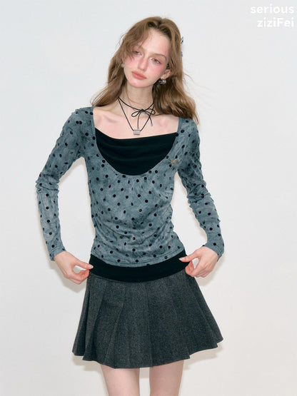 Vintage Wave-Collar Gray Polka Dot Slim Long-Sleeve Knit T-Shirt【s0000018744】