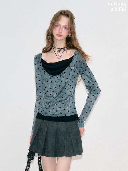 Vintage Wave-Collar Gray Polka Dot Slim Long-Sleeve Knit T-Shirt【s0000018744】