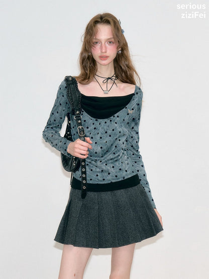 Vintage Wave-Collar Gray Polka Dot Slim Long-Sleeve Knit T-Shirt【s0000018744】