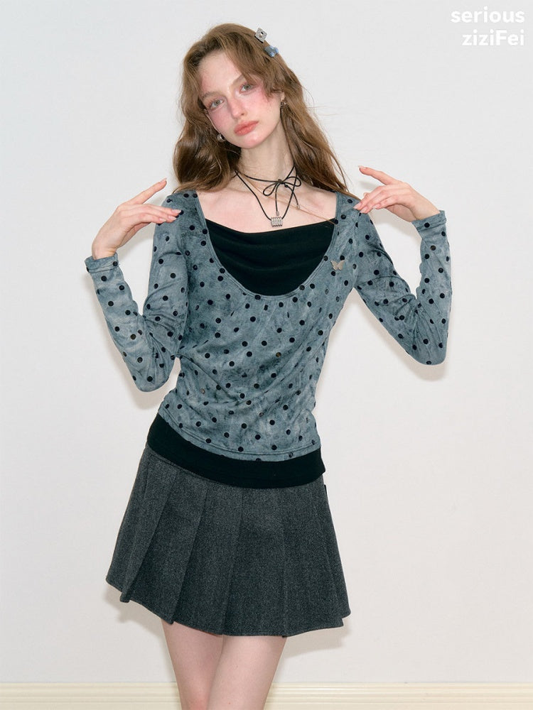 Vintage Wave-Collar Gray Polka Dot Slim Long-Sleeve Knit T-Shirt【s0000018744】