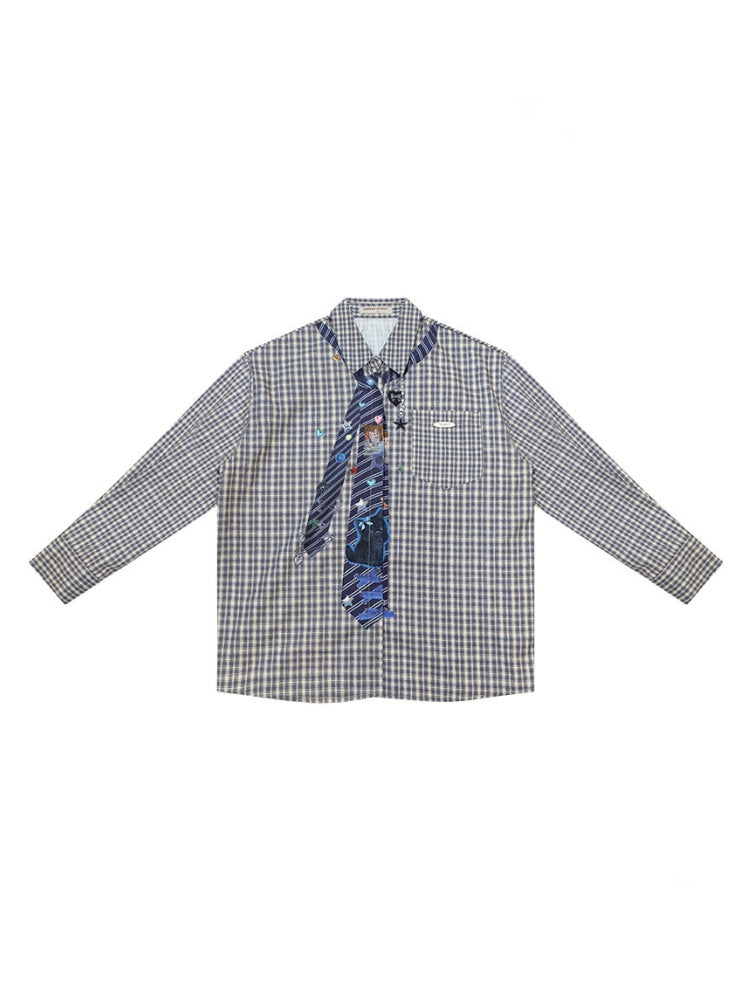 Fake Tie Printed Blue Plaid Cat Lazy Style Long-Sleeve Shirt【s0000018745】