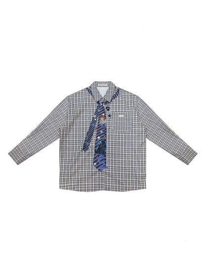 Fake Tie Printed Blue Plaid Cat Lazy Style Long-Sleeve Shirt【s0000018745】