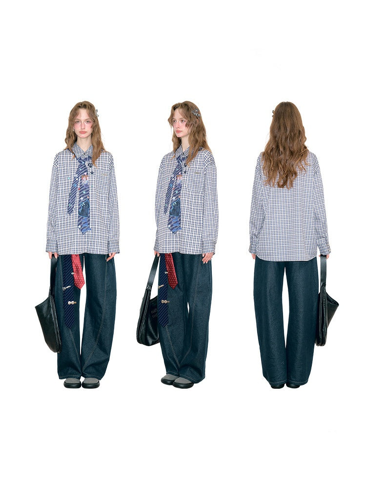 Fake Tie Printed Blue Plaid Cat Lazy Style Long-Sleeve Shirt【s0000018745】