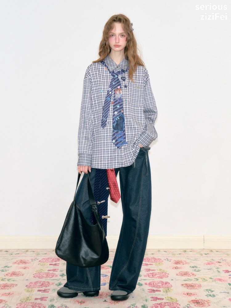 Fake Tie Printed Blue Plaid Cat Lazy Style Long-Sleeve Shirt【s0000018745】