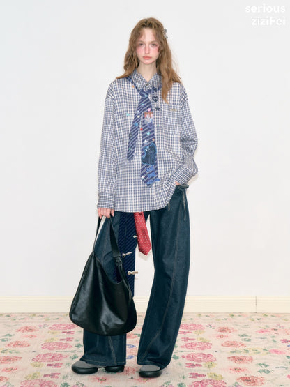 Fake Tie Printed Blue Plaid Cat Lazy Style Long-Sleeve Shirt【s0000018745】