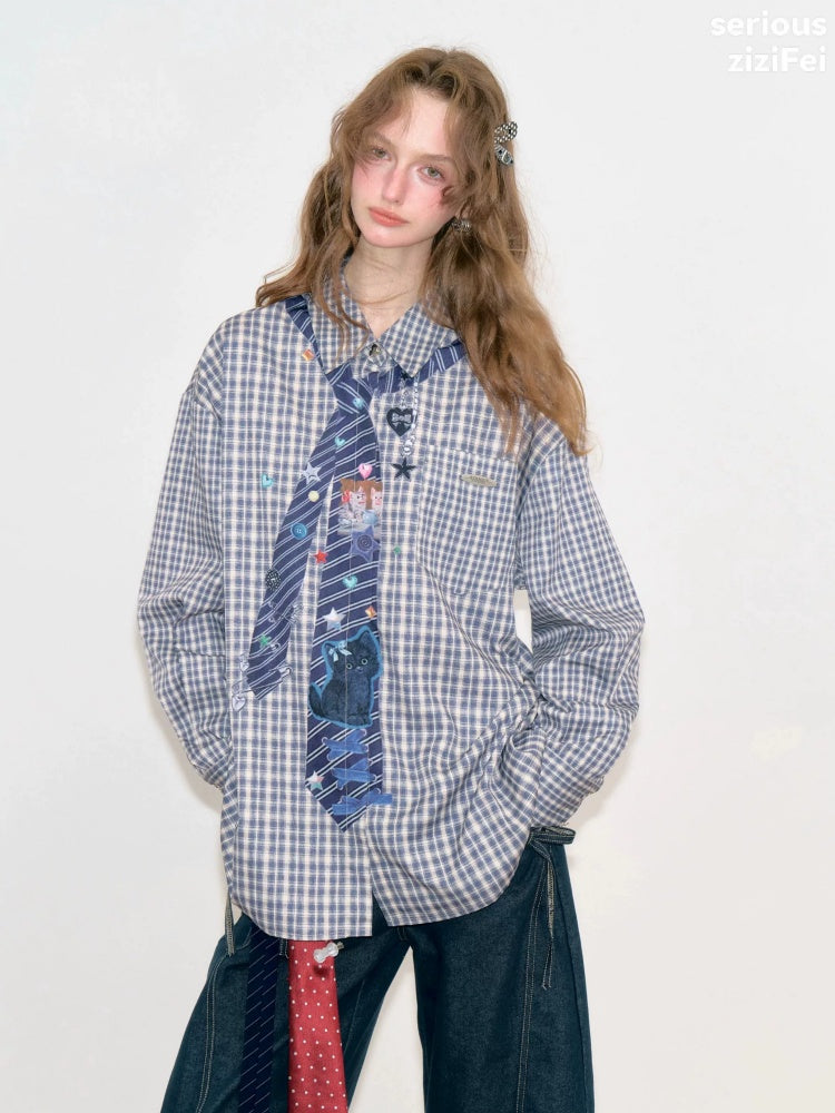 Fake Tie Printed Blue Plaid Cat Lazy Style Long-Sleeve Shirt【s0000018745】
