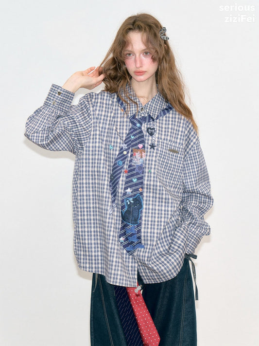 Fake Tie Printed Blue Plaid Cat Lazy Style Long-Sleeve Shirt【s0000018745】