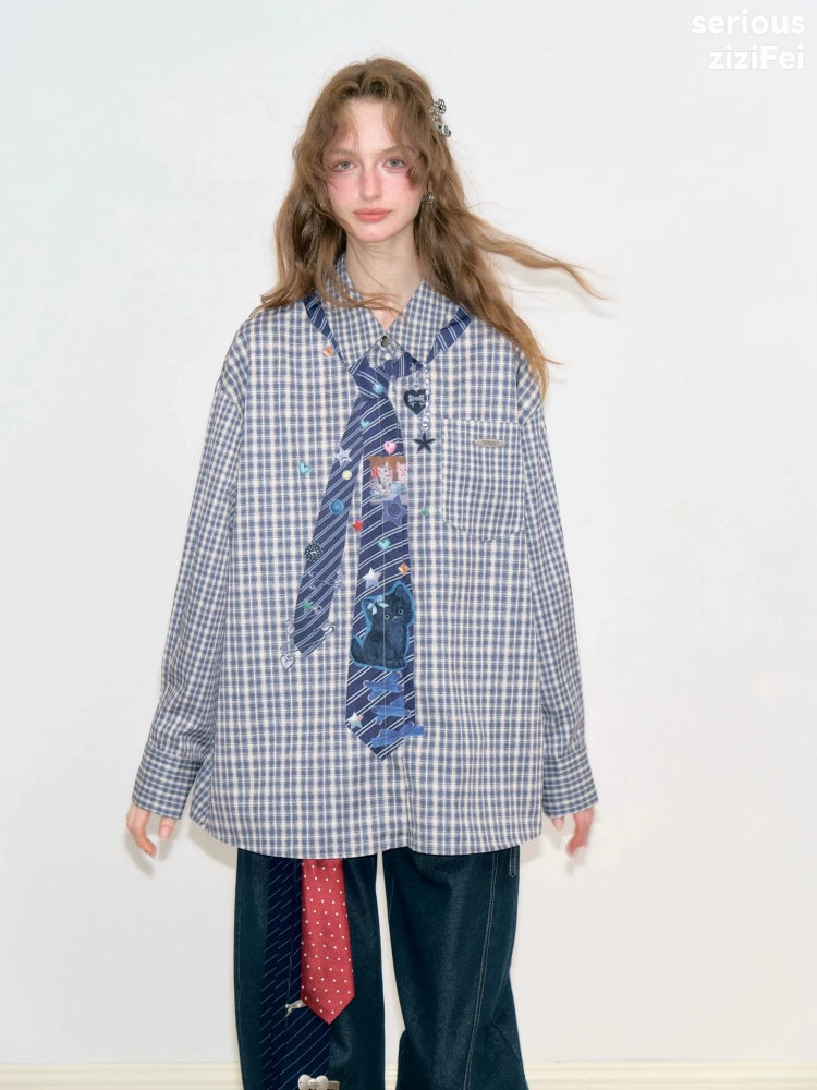 Fake Tie Printed Blue Plaid Cat Lazy Style Long-Sleeve Shirt【s0000018745】