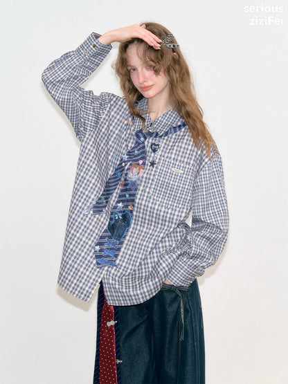 Fake Tie Printed Blue Plaid Cat Lazy Style Long-Sleeve Shirt【s0000018745】