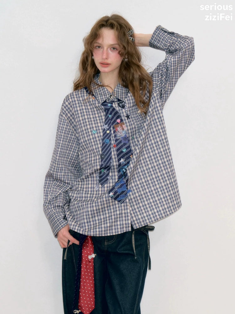 Fake Tie Printed Blue Plaid Cat Lazy Style Long-Sleeve Shirt【s0000018745】