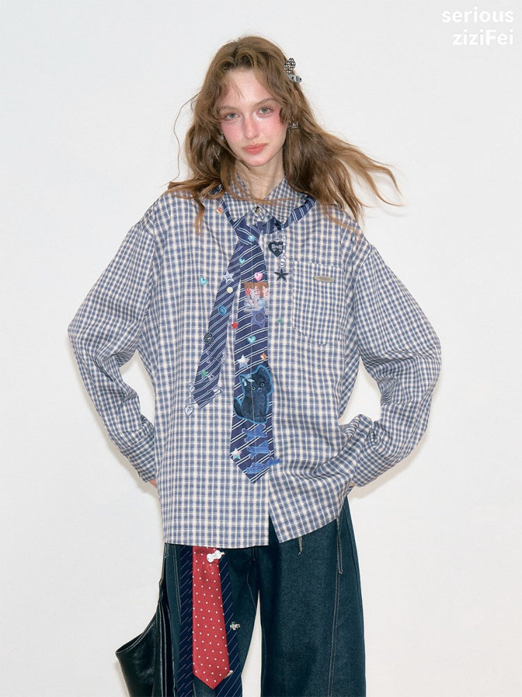 Fake Tie Printed Blue Plaid Cat Lazy Style Long-Sleeve Shirt【s0000018745】