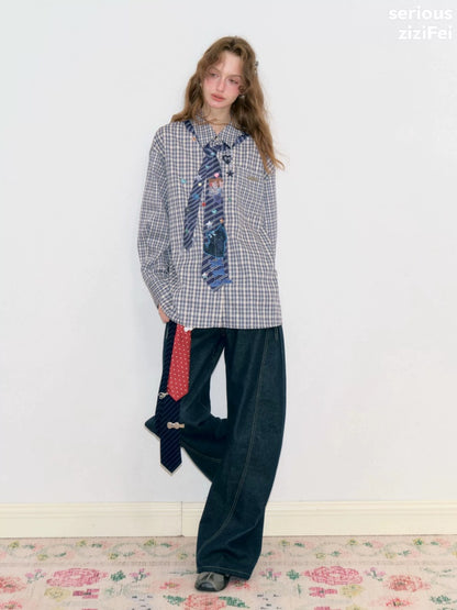 Fake Tie Printed Blue Plaid Cat Lazy Style Long-Sleeve Shirt【s0000018745】