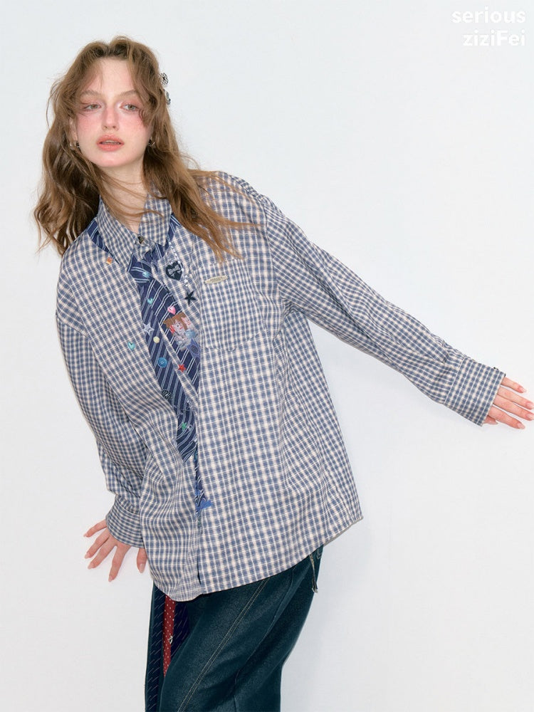 Fake Tie Printed Blue Plaid Cat Lazy Style Long-Sleeve Shirt【s0000018745】