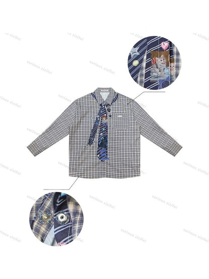 Fake Tie Printed Blue Plaid Cat Lazy Style Long-Sleeve Shirt【s0000018745】