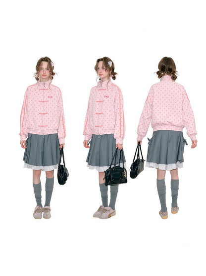 Vibe Retro Lazy Windfall Pink Polka Dots Sweatshirt Zipper Jacket【s0000018746】