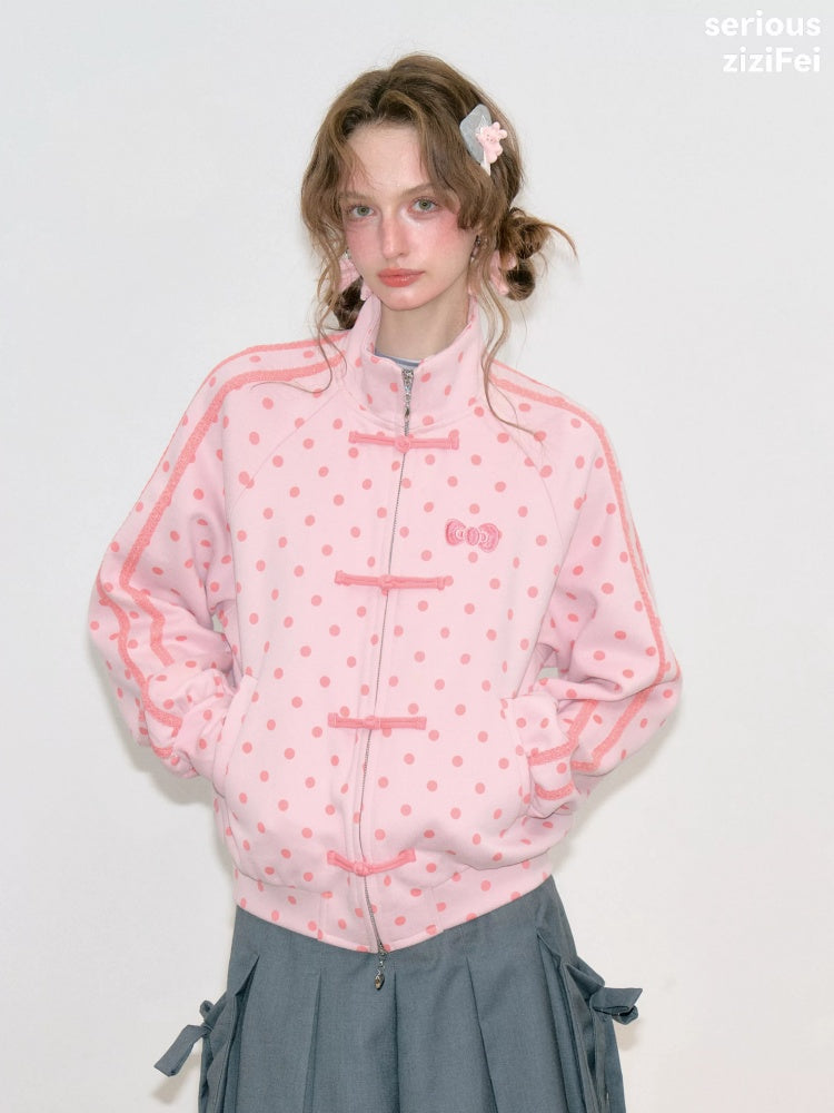 Vibe Retro Lazy Windfall Pink Polka Dots Sweatshirt Zipper Jacket【s0000018746】