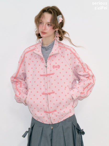Vibe Retro Lazy Windfall Pink Polka Dots Sweatshirt Zipper Jacket【s0000018746】